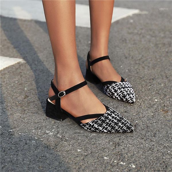 

ymechic summer 2020 fashion med high heels sandals women plaid pointed toe chunky heel sandals women summer party shoes big size1, Black