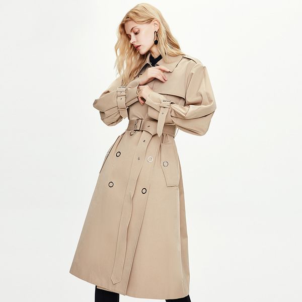 

2021 new coat with belt turn down collar drouble breasted women long trench femme casaco abrigo streetwear el3g, Tan;black