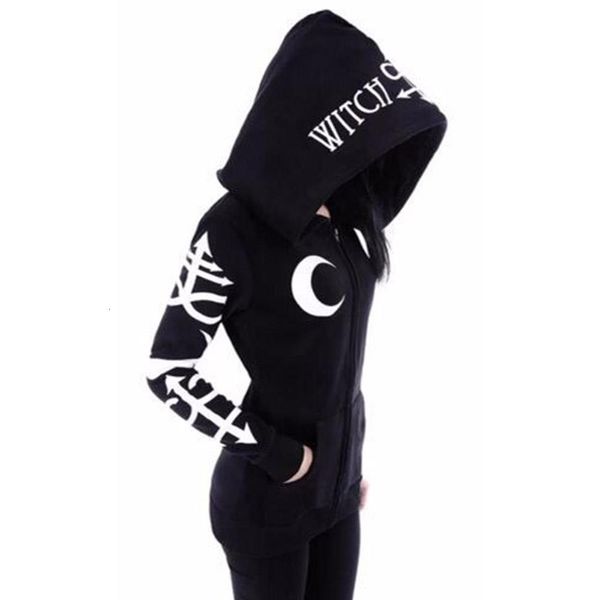 

gothic slim mid length hoodies women long sleeves pocket hooded neckline casual style zipper closure fall winter coats, Black