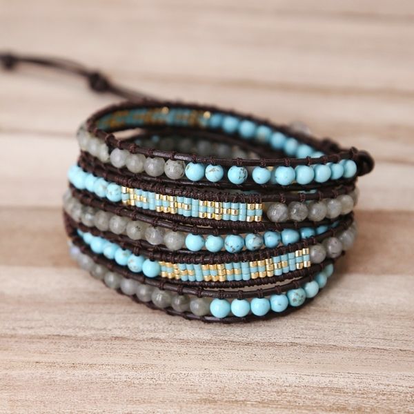 

unique natural stone miyuki beads punk bracelet handmade wrap bracelet classic bohemian braid leather bracelet dropshipping y200730, Black