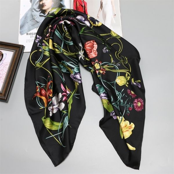 

35" x 35" floral prints 100% twill silk scarf women's fabulous large square silk shawl foulard head scarves y201007, Blue;gray