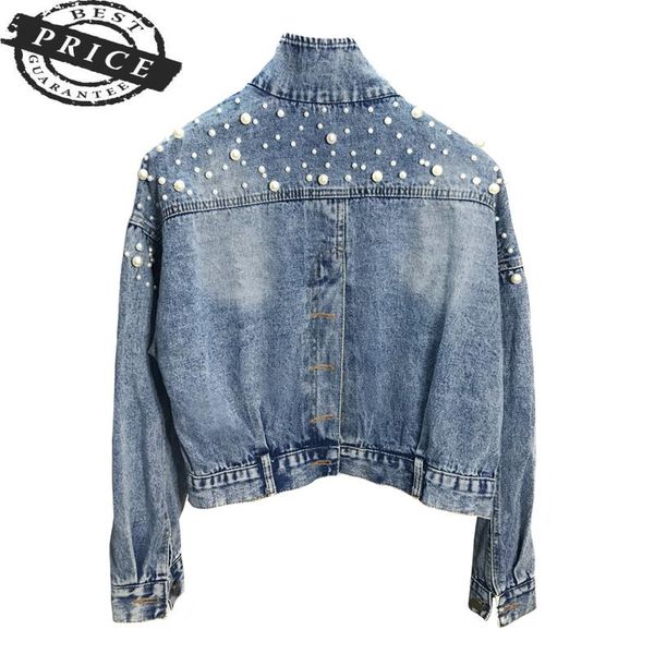 

women size vintage 2021 plus jean jacket pearls beading spring new long sleeve pockets denim jackets women loose outwear female, Black;brown