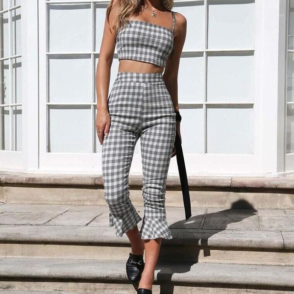 

two piece dress 2021 fashion 2 set women off shoulder crop and long plaid pants suit ladies tracksuit1, White