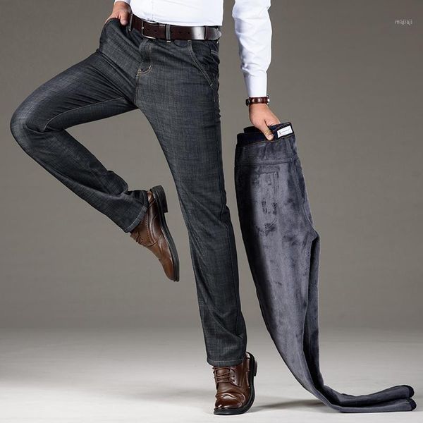 

men's jeans 2021 winter men's warm slim fit business fashion thicken denim trousers fleece stretch brand pants black blue1, Blue