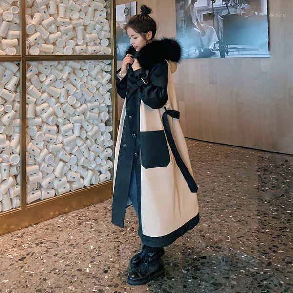 

parka coat women winter 2021 contrast color splice hooded collect waist plush velvet thicken warm windproof cotton padded jacket1, Black