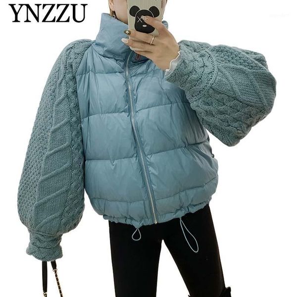 

ynzzu knitted sleeve patchwork women down jacket turtleneck thick warm 90% white duck down coat 2020 winter short overcoat yo9241, Black