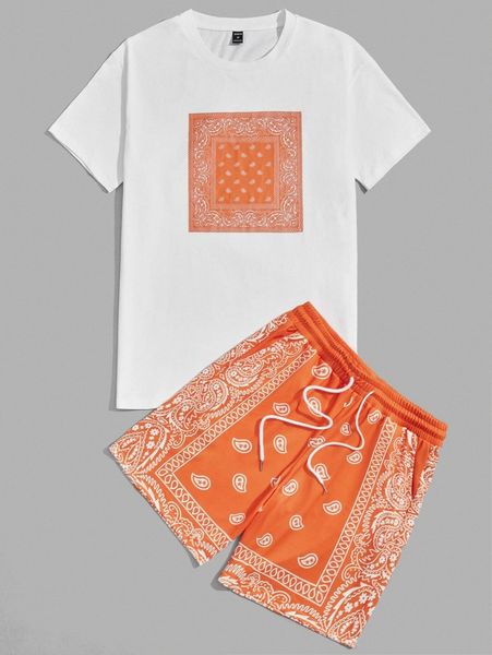 

men paisley print tee and track shorts set 28xh#, Gray