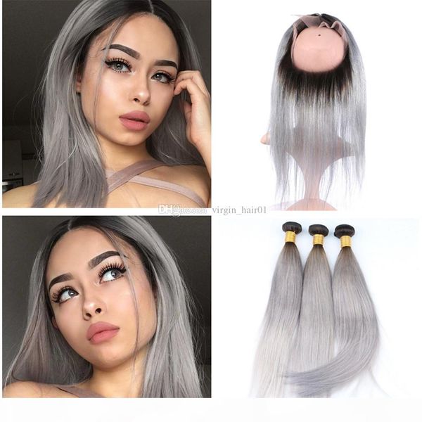 

2tone 1b grey bundles ombre hair with 360 lace frontal closure part virgin peruvian human hair pre plucked 360 lace frontal closure, Black;brown