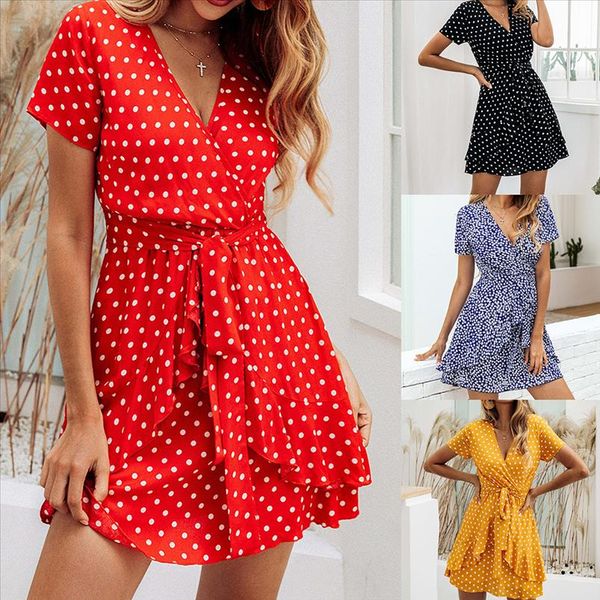 

dresses women summer dress fashion printed polka dot v neck flounced zipper lace up mini dress vestidos bnz800045, Black;gray
