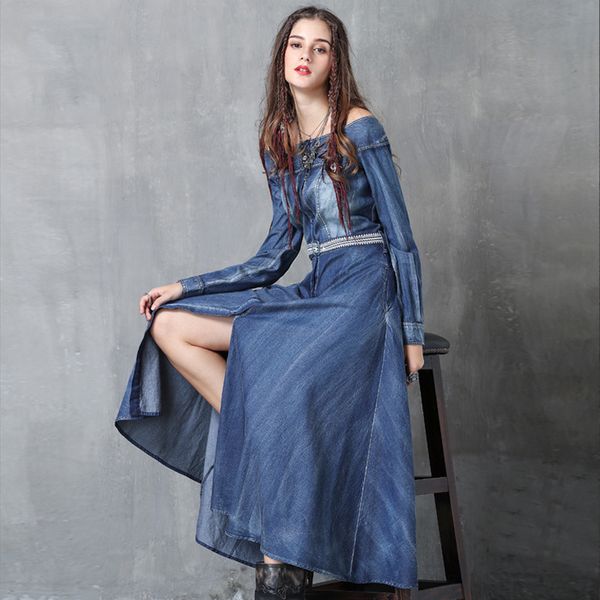 

belt embroidery one line collar washed denim skirt 2021 spring women's temperament long sleeve dress 82050