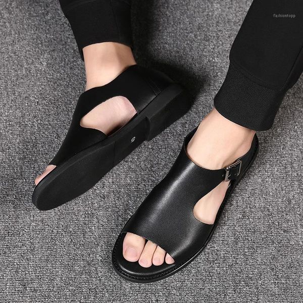 

new summer men sandals leisure beach men casual shoes genuine leather men's sandals buckle mens roman1, Black