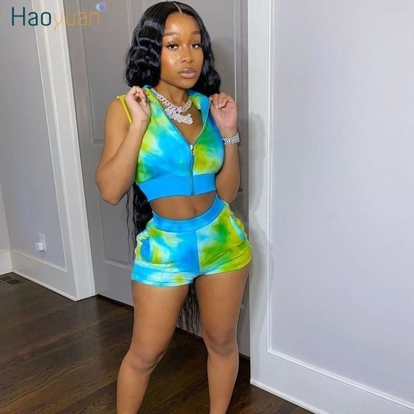 

haoyuan tie dye two piece set summer clothes for women tracksuit crop biker shorts matching sets 2 piece club outfits y200824, Gray