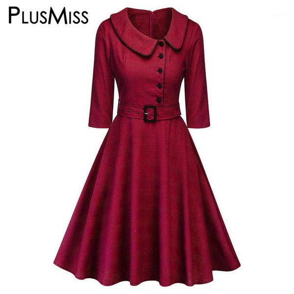 

plusmiss plus size vintage retro checked a line dress with belt red plaid long sleeve party dresses big size xxxxl xxxl xxl 4xl1, Black;gray