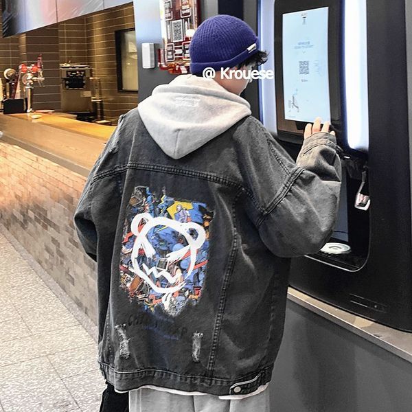 

2021 new privathinker men's casual oversize denim jacket graphic printed woman autumn new hooded coat korean streetwear male jackets ni, Black;brown