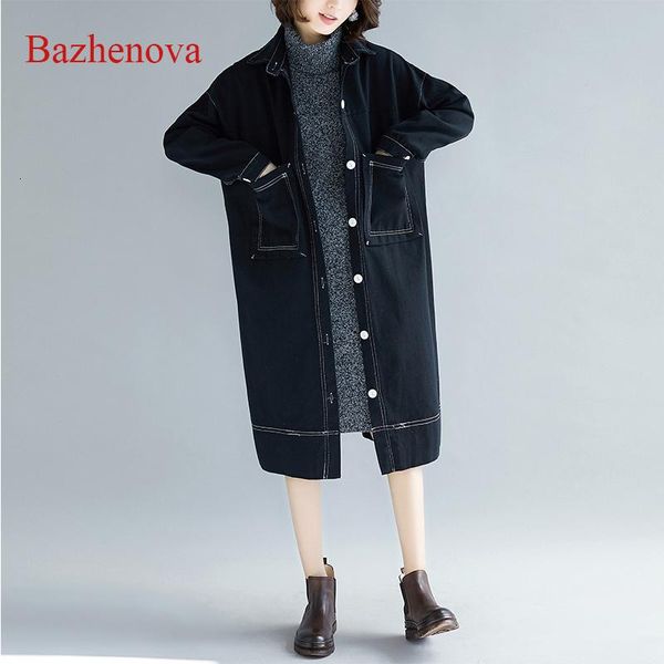 

women's trench coats bazhenova women denim windbreaker girls loose black vintage for woman autumn simple clothes ladies all-match r184, Tan;black