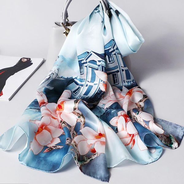 

2020 luxury 100% silk scarf women quality soft oversize real silk neckerchief scarves stole shawls and wraps for ladie, Blue;gray