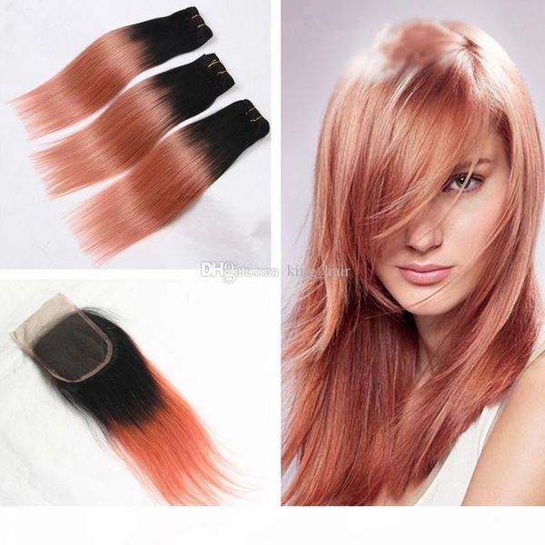

silky straight 8a rose gold ombre human hair with closure brazilian virgin 1b rose gold hair weft with closure 4x4 4pcs lot, Black;brown