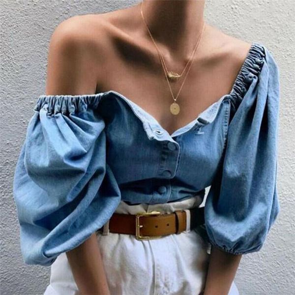 

fashion women loose off shoulder blouse denim lantern sleeve blouse shirt ladies big size baggy vintage shirt female blusas1, White