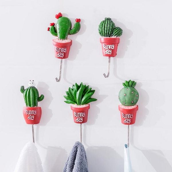 

hooks & rails wall hook cactus adhesive artificial flower pot plant home decor storage organizer key rack bathroom kitchen towel hanger