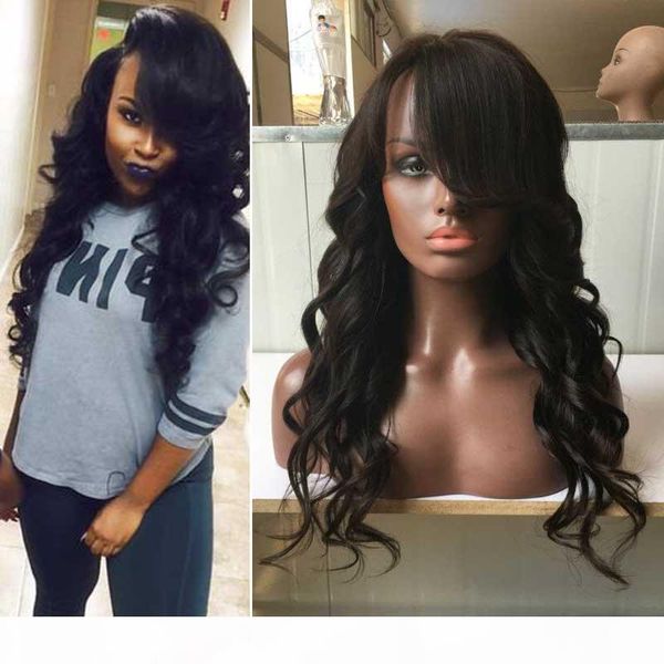

brazilian full lace wigs human hair glueless lace front wig with side bangs for black women, Black;brown