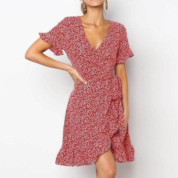 

casual dresses chic ruffles sleeve high waist mini dress floral printed v neck ruffled lace up irregular bohemian beach b21, Black;gray