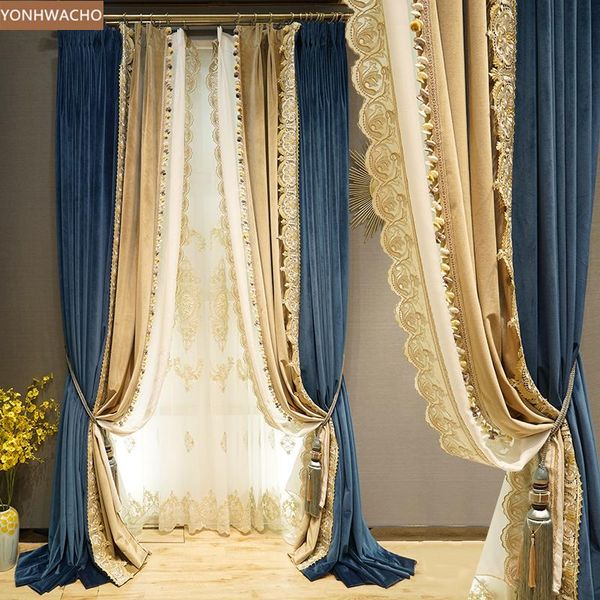 

curtain & drapes custom high-grade luxury flannel living room embroidery blue thick velvet cloth blackout tulle c404