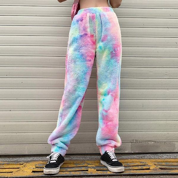 

running pants fleece tie dye sweatpants women lambs cargo joggers high waist autumn winter workout loose hip harem trousers1, Black;blue