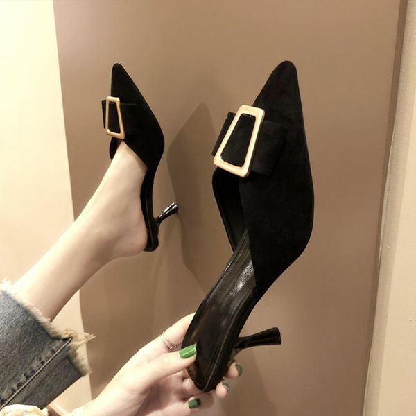 

2021 new women high heels sandals pointed toe leopard ladies fashion slippers pu women's casual shoes slides footwear pumps wsgo, Black