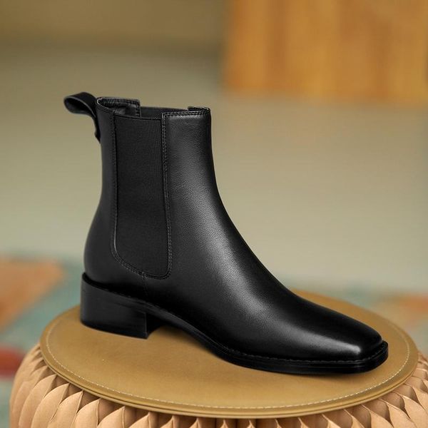 

genuine leather women ankle boots thick low heels shoes woman elastic band party office ladies shoes women's boots size 41 42 43, Black