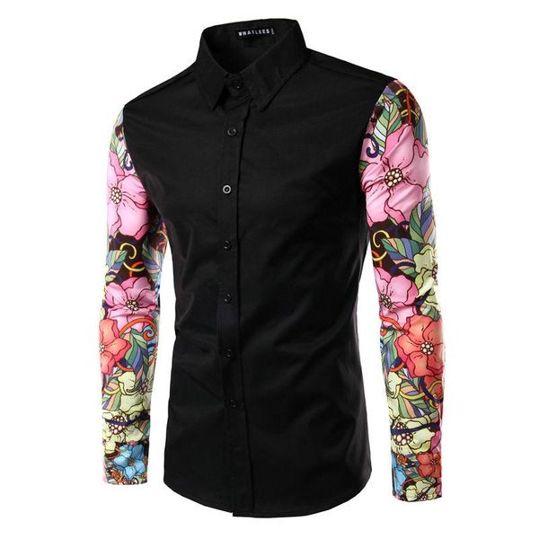 

men's casual shirts 2021 brand mens long sleeve camisa masculina man clothing floral print design splicing shirt social nc1, White;black