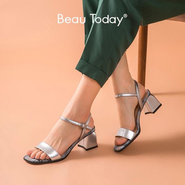 

beautoday sandals women patent leather plaid square toe ankle buckle strap summer ladies pumps high heel shoes handmade 31055, Black