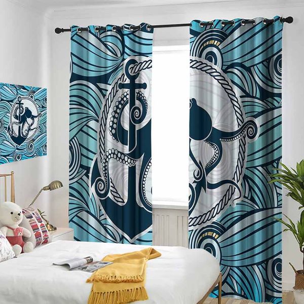 

thermal insulated room darkening window shade symbol of ocs against the background of stylized sea waves nautical design curtain