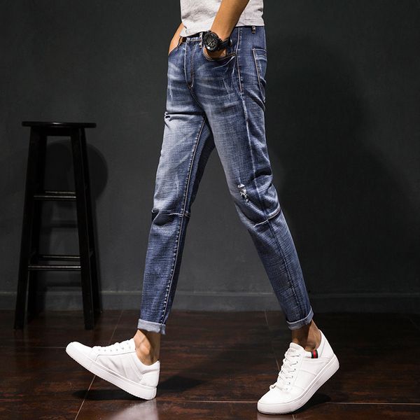 

spring 2020 feet jeans cultivate one's morality men's youth fashion hole in nine minutes of, Blue
