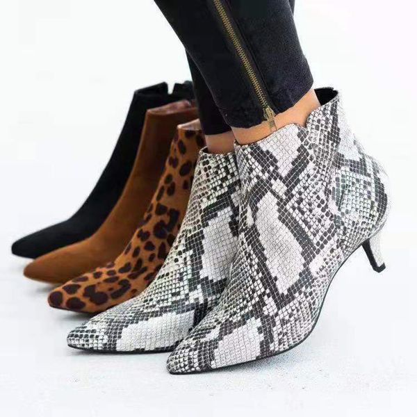 

new women's ankle boots leopard women pointed toe ladies chunky high heel female shoes woman footwear plus size 36-43 snake 1026, Black