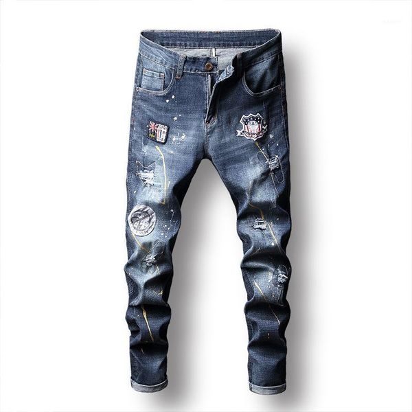 

skinny biker jeans men motorcycle hip hop streetwear elastic high waist graffiti patch pencil denim pants plus size1, Blue