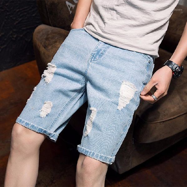 

summer thin denim shorts men stretch cotton knee length casual shorts men slim straight retro blue denim size 26-351