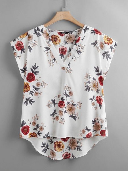 

plus floral print dip hem blouse t3es#, Black