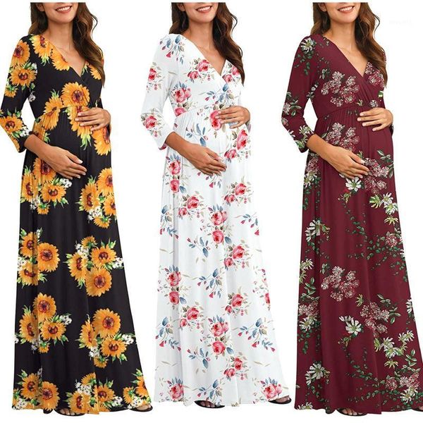 Vestidos de maternidade ansiosos para mulheres grávidas casuais flor impressão 3/4 manga v-pescoço maxi vestido de envoltório de gravidez vestidos #