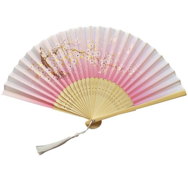 

high-grade silk hand fan green bamboo bones hollow carved single-sided natural bright color plum flower fan