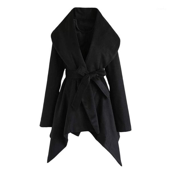 

2020 european and american ladies lace up woolen coat mid-length trench coat 14261, Black