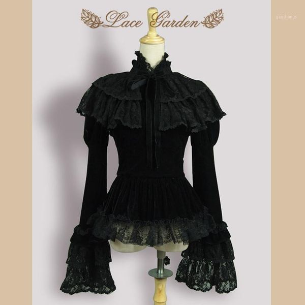 

vintage black velvet women's jacket long flare sleeve with layered lace ruffle cape by lace garden1, Black;brown