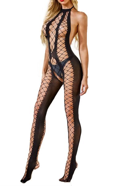 

women bodystocking lingerie set halter neck fishnet backless hollow-out open crotch ladies nightwear jumpsuit, Black;white