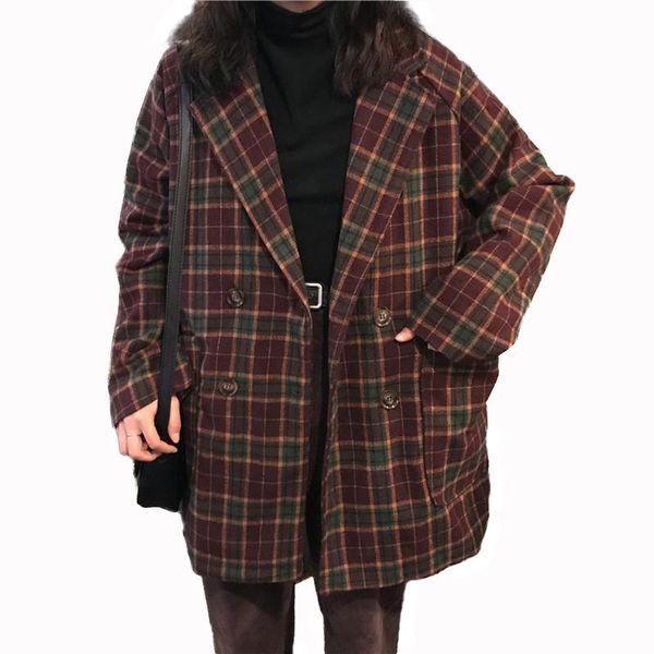 

women's wool & blends women lattice thicken warm woolen coat autumn winter female fashion loose abrigos mujer invierno, Black