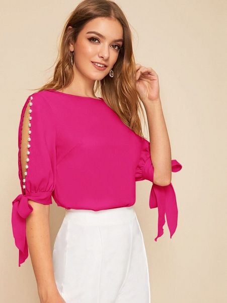 

faux pearl self-tie split sleeve l4dz#, White