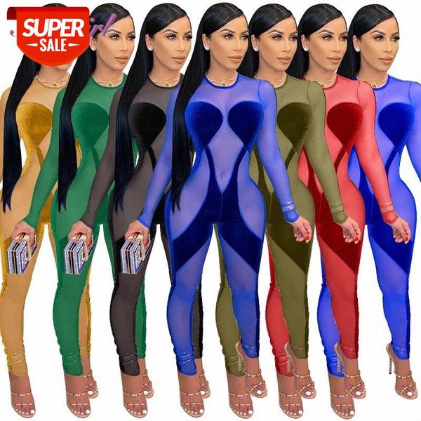 

sheer mesh velvet patchwork party club skinny jumpsuit women 2021 long sleeve see-through one piece rompers outfit overalls #2d7g, Black;white