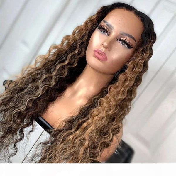 

highlight color human hair wig brazilian remy hair lace front wigs preplucked deep wave wigs for women, Black;brown