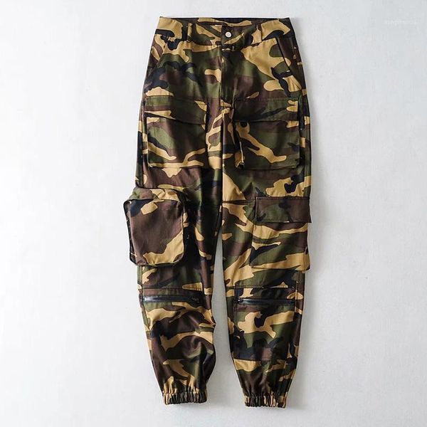 

2020 spring big pocket handsome cargo pants zipper high waist camouflage casual streetwear trousers hip hop loose sport pants1, Black;white