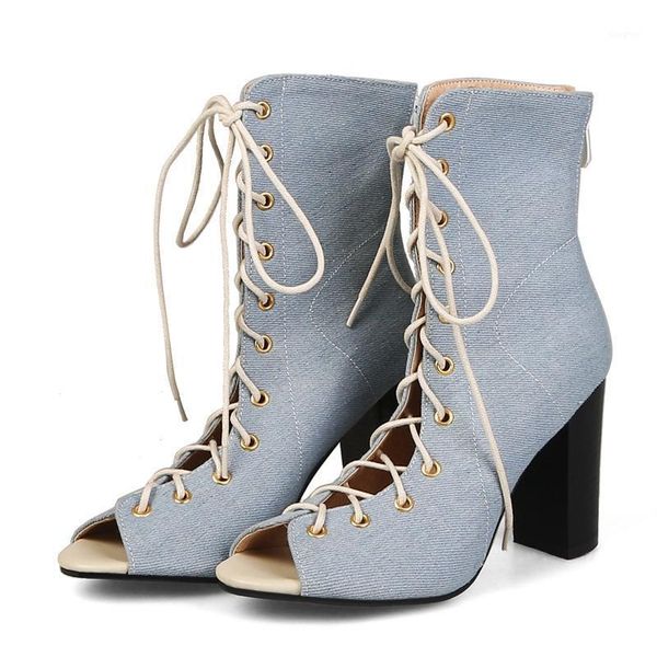 

asileto square high heels summer shoes ankle boots cross tied zipper peep toe blue jeans cowboy denim boot big size 33-48 botas1, Black