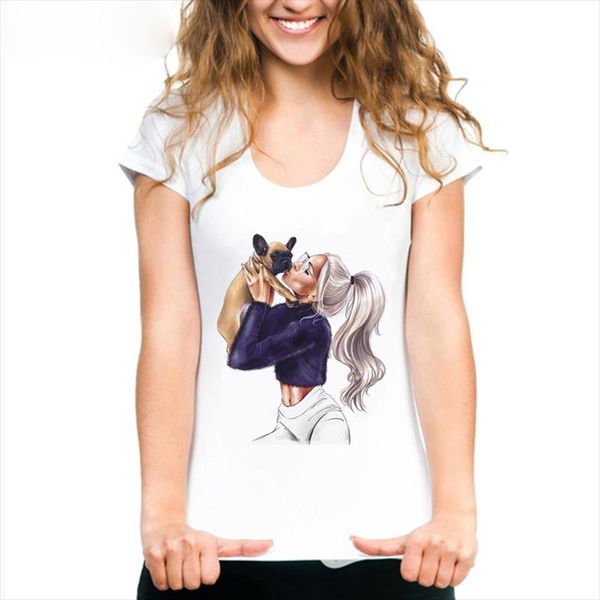 

girl and dog kawaii print tee shirt femme short sleeve cotton white tshirt korean style graphic tees women harajuku streetwear