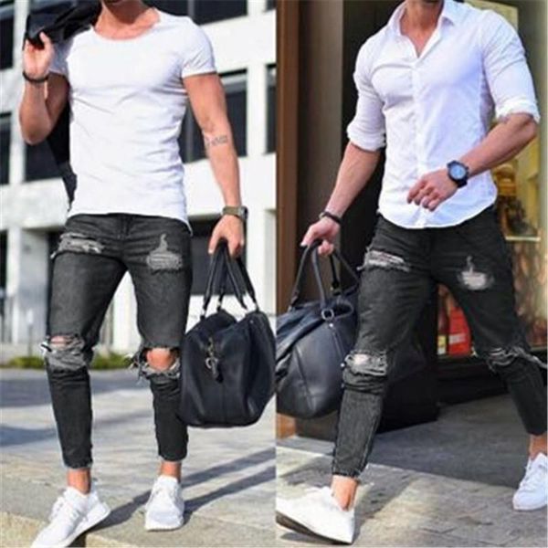 

mens jeans skinny stretch denim pants distressed ripped freyed slim fit jeans trousers hole pencil pants, Blue